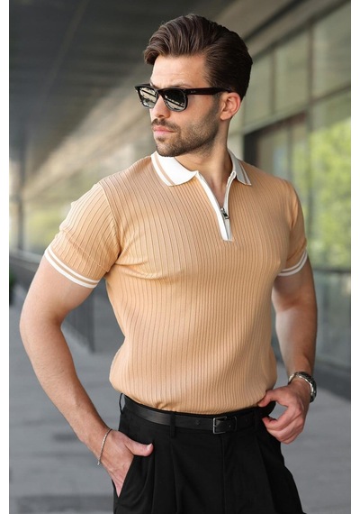Madmext Gold Yarım Fermuarlı Polo Yaka Triko Erkek Tişört E7501 Altın