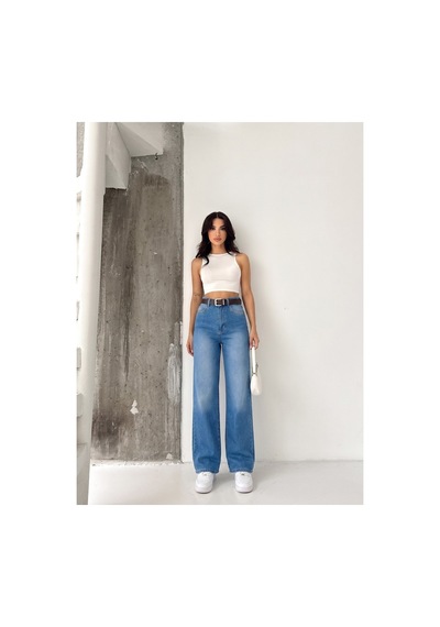 Kene Jeans Mavi İşlemli Kemerli Likralı Bol Paça Denim Pantolon Mavi İşlemli
