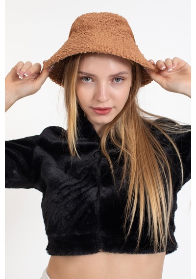 Ladycolor Kadın Kışlık Şapka Peluş Kumaş Bucket Modeli Camel Camel