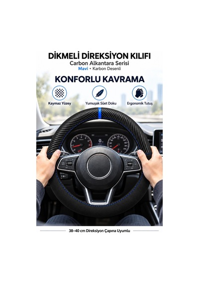 Trobus Hyundai İ20 2015-2020 Uyumlu Dikmeli Direksiyon Kılıfı Carbon Alkantara Karbon Desenli Mavi