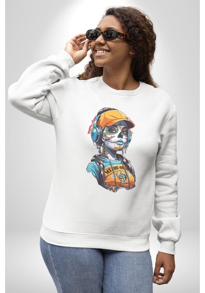 Robot Kız Müzik Kulaklık Şapka Unisex Beyaz Baskılı Sweatshirt Beyaz