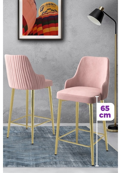 Canisa Tera Serisi 2 Adet Babyface Kumaş 65 Cm Gold Kaplama Ayaklı Pembe Bar Sandalyesi Pembe Sandalye Gold Kaplama Ayak
