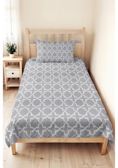 Gri Geometrik Tek Kişilik Dekoratif Pike Takımı - Beyaz İskandinav Motifli 160x220 Cm Yatak Örtüsü Kırçıllı Nehir Kabuğu