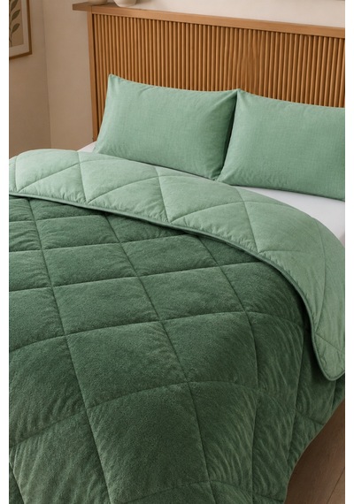 Premium Çift Taraflı Wellsoft Yorgan Seti Battal Boy 215x235 Cm 2 Adet Yastık Kılıflı Adaçayı