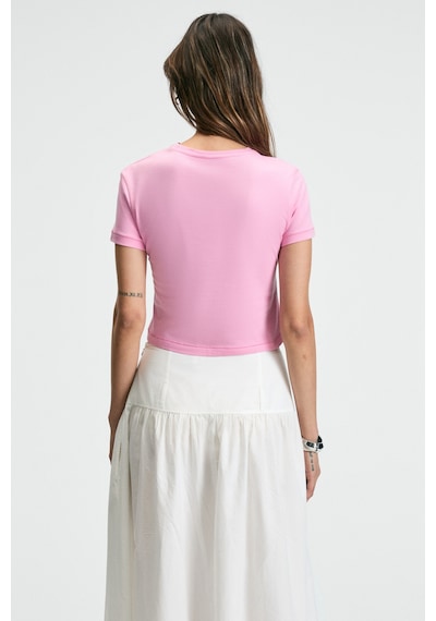 Ethıquet ZERAYA Kadın Bisiklet Yaka Kısa Kollu Önde Nakış Detaylı Crop Pembe T-Shirt