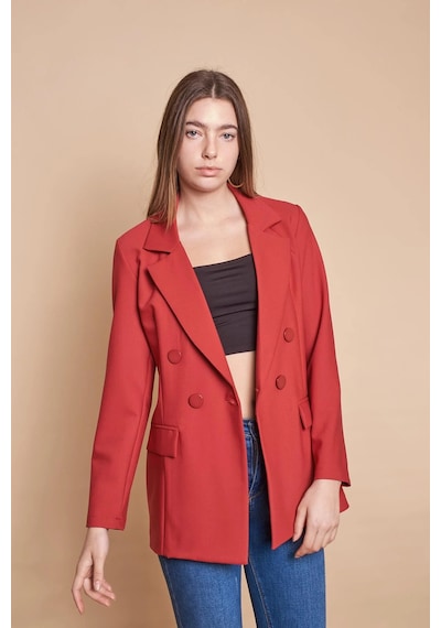 Kadın Düğme Detaylı Uzun Kol Şık Ofis Süs Cep Kapaklı Kumaş Blazer Ceket -bordo Bordo
