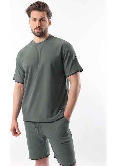 Madmext Haki Nakış Detaylı Erkek Şort T-shirt Takım E7305 Haki