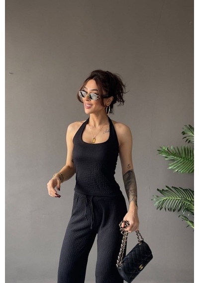 Vadon 1010 Kadın Bürümcük Dokulu Halter Yaka Crop Atlet Bol Paça Pantolon Takım Siyah