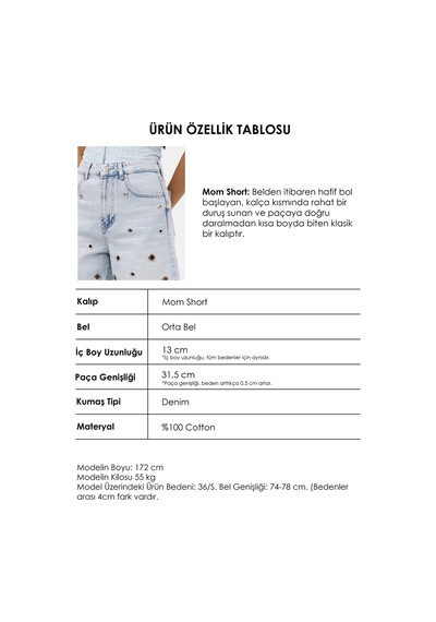 Itsbasic Kadın Kot Rengi 4s6-3 Relax Mom Kuş Gözü Detaylı Tasarım Denim Şort