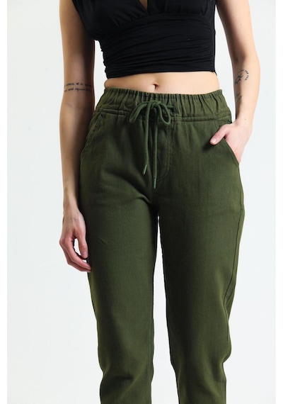 Kene Jeans Kadın Haki Beli İpli Kemer Lastik Keten Mom Pantolon Haki