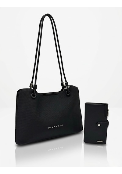 Just Polo Kadın Büyük Boy Premium Gümüş Logolu El Çantası Ve Cüzdanı Kombin Tote Bag Ebat : 22 X 34 Cm Siyah