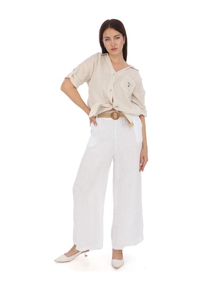 Eren Style İtalyan Kemerli Keten Pantolon-9200 Beyaz