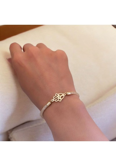 H Harfine Özel Hasır Kordonlu Hamsa Motifli 14 Ayar Altın Plakalı Hediye Bileklik-499harf H