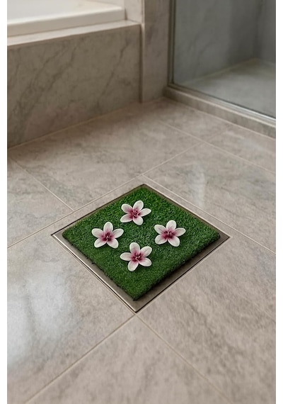 Yapay Çiçekli Çim Gider Süsü 2 Li Set Dekoratif Süzgeç Üstü Kapak Koku Önleyici Banyo Balkon Gider Kapağı Çiçek Detaylı Estetik Görünümlü Çim Kapak