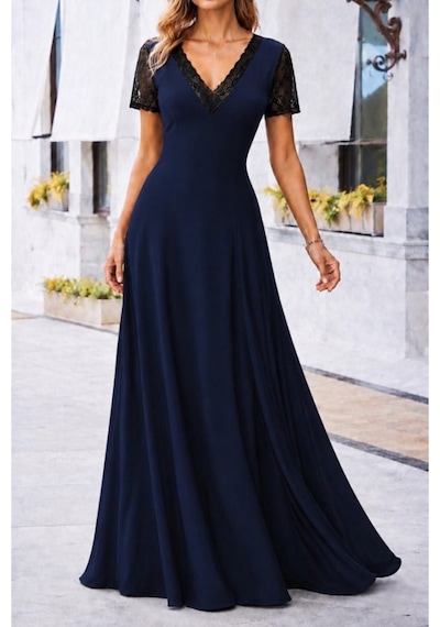 Butik İstanbul Kadın Kısa Kollu V Yakalı Uzun Janjan Krep Elbise Lacivert