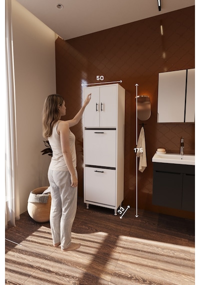 Nergiz Çamaşır Sepetli Çok Amaçlı Banyo Dolabı Beyaz Çift Bölmeli Düzenleyici Dolap