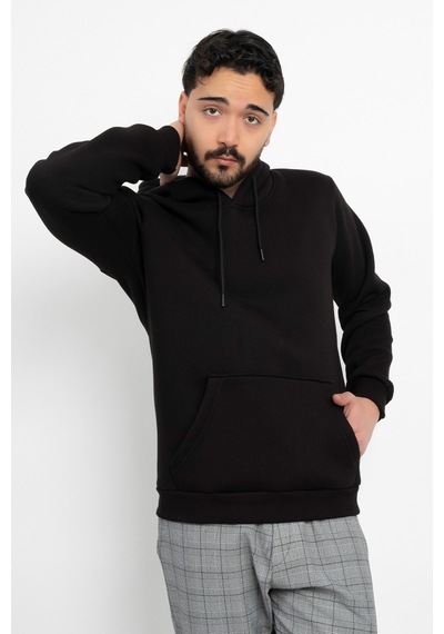 Dasüniforma Basic Baskısız 3 İplik Kapüşonlu Unisex Kanguru Cepli Kapüşonlu Sweatshirt Hoodie Sweat Siyah