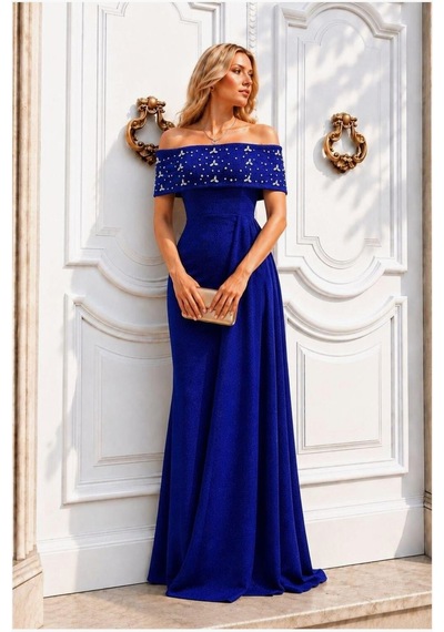 Lior Design Kadın Şık Model Degaje Yaka Dekolteli Maxi Uzun Kollu Abiye Elbise Saks