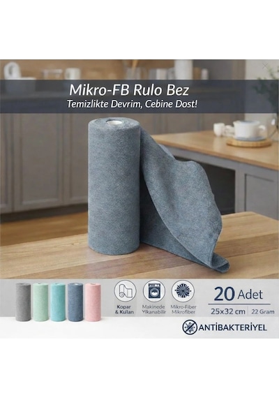 Fb Cup 20'li Rulo Mikro-fb Çok Amaçlı %100 Mikrofiber Temizlik Bezi 25x32 Kopart Kullan Indigo Mavisi Turkuaz