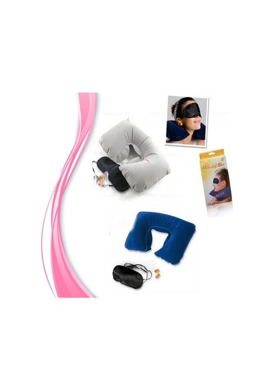 BUFFER® Üçlü Seyahat Seti Şişme Yastık Göz Bandı Kulak Tıkacı