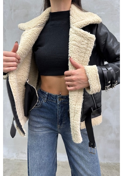 Msm Fashion Kadın İçi Beyaz Kürklü Siyah Kısa Biker Deri Ceket Mont Siyah