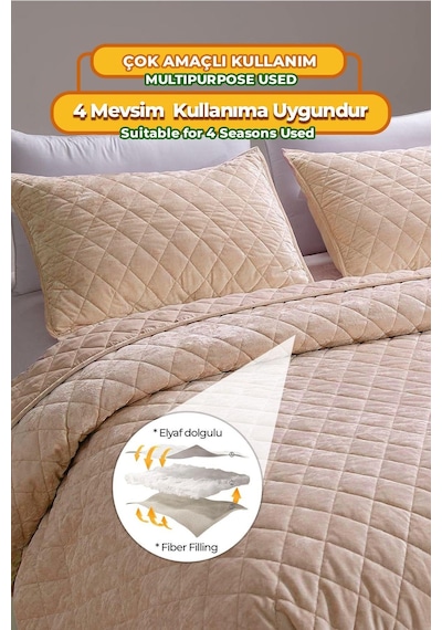 Evlen Home Kapitone Kadife Yatak Örtüsü Seti Çift Kişilik Supersoft 3 Parça Yumuşak Elyaf Dolgulu Bej Bej