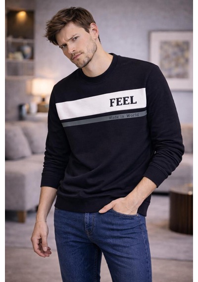 The Feel Marcel Erkek Regular Fit Bisiklet Yaka İnce Sweatshirt Siyah