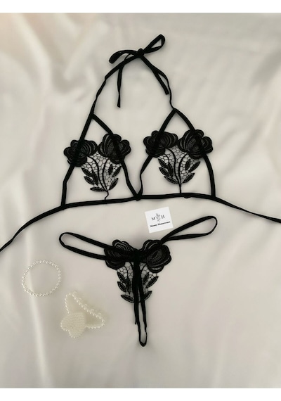 Mh Moony Homewears Sexy Çiçekli İpli Bralet Takımı Siyah