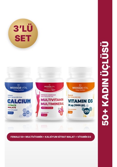 Female 50+ Multivitamin 120 Kapsül + Kalsiyum Sitrat Malat 120 Tablet + Vitamin D3 1000 Iu 3'lü Set