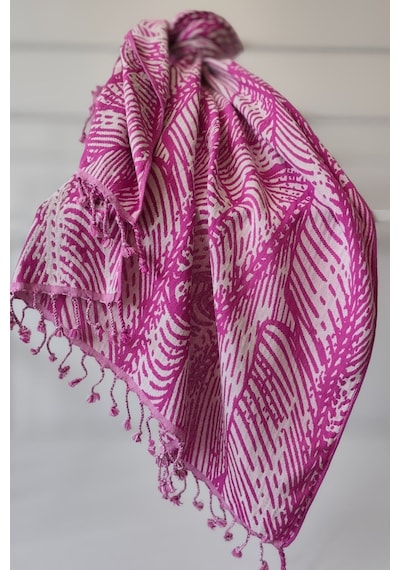 Jakarlı Müslin Peştemal-yaprak Desen-90x170 Cm Fusya Fuşya