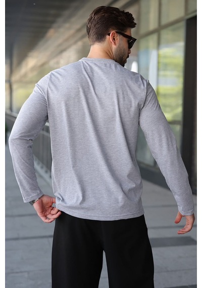 Madmext Grimelanj Pamuklu Slim Fit Erkek Tişört E7187 Gri Melanj