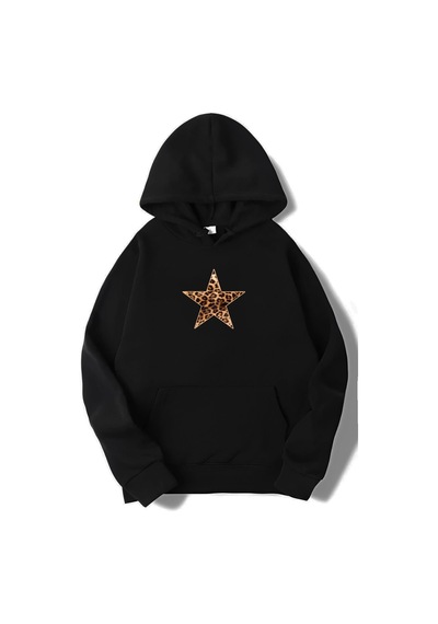 Brz Collection Unisex Oversize Leopar Yıldız Desenli Hoodie Siyah