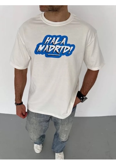 Modi Unisex Bisiklet Yaka Baskılı Oversize T-shirt - Beyaz - Mymg104358