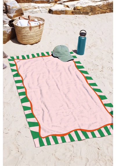 Çizgili Modern Pembe Yeşil Plaj Havlusu-akdeniz Stil Turuncu Detaylı Hızlı Kuruyan Mikrofiber Havlu Köpük Kabuğu