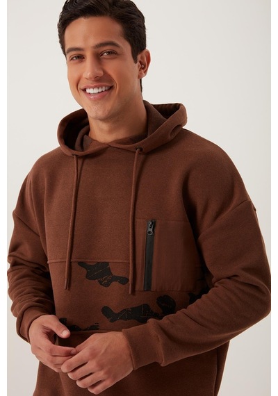 Polostate Erkek Kamuflaj Baskılı Kapüşonlu Sweatshirt Kahverengi