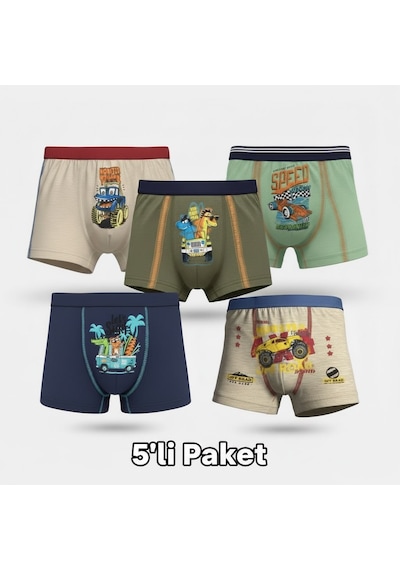 Orivra 5'li Erkek Çocuk Boxer Seti Pamuklu Esnek Desenli İç Çamaşırı Paketi Çok Renkli