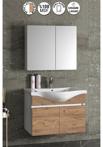 Yıldız 80 Cm Beyaz-atlantik Mdf Lavabolu Asma Banyo Dolabı Takımı Beyaz - Atlantik Çam