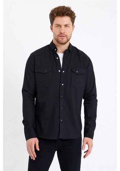 Cool Tarz Erkek Siyah Çift Cepli Çıt Çıt Düğmeli Slim Fit Kot Gömlek-tcktgmlkr01s Siyah Siyah