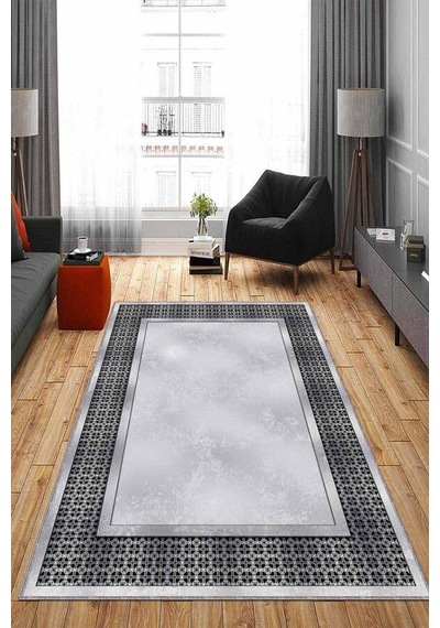 Gri Çerçeveli Kaymaz Tabanlı Makinede Yıkanabilir Halı Ar734n11