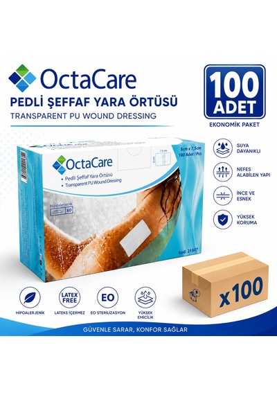 Octacare Su Geçirmez Pedli Şeffaf Pu Film Steril Yara Örtüsü 5cm 7,5cm 100 Adet