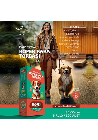 Florex L-2000 25x35cm 5 Rulo X 20 Adet 100 Adet Köpek Pet Shop Evcil Hayvan Kaka Torbası - 24'li Paket