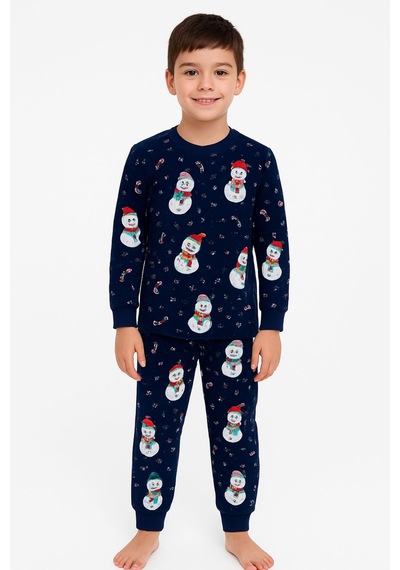 Zuzunga Unisex Yılbaşı Kardan Adam Desenli Çocuk Pijama Takımı Lacivert