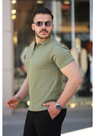 Erkek Yakası Fermuarlı Kısa Kollu T-shirt Haki