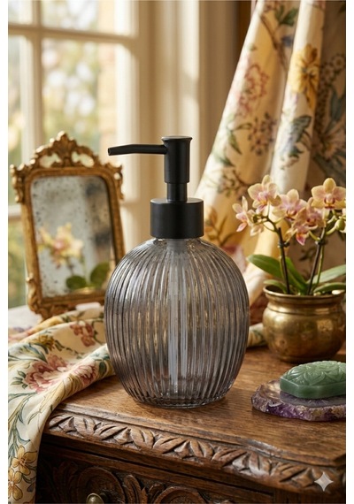 Çizgili Yuvarlak Siyah Pompalı Cam Sıvı Sabunluk - 500ml - 16x10x10 Cm Gri