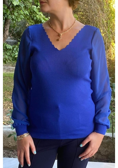 Mia Butik Büyük Beden Saks Mavi Merdiven Yaka Triko Bluz -1259 Saks Mavi