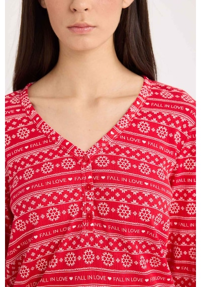 DeFacto Fall in Love Pijama Takımı Waffle Kumaş Uzun Kollu Üst Esnek Belli Uzun Alt D2284AX24WNRD59 Kırmızı