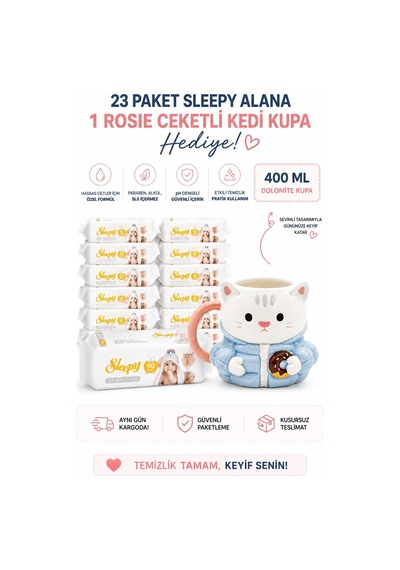 Sleepy Sensitive Islak Mendil 90'lı x 23 Paket + Rosie Ceketli Kedi Kupa Tekli
