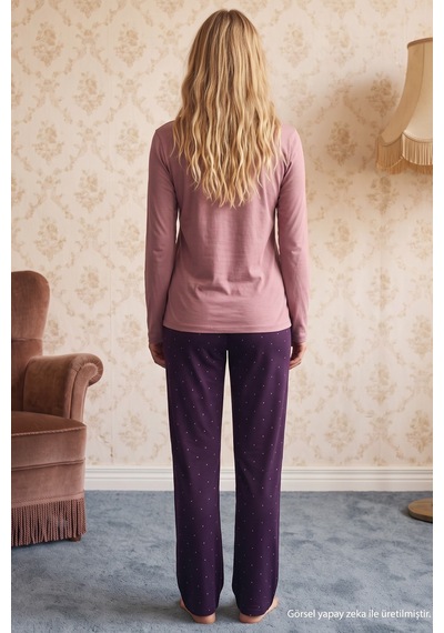 Siyah İnci Pudra Desenli Düğmeli Dantelli Viskon Örme Pijama Takım 26224682