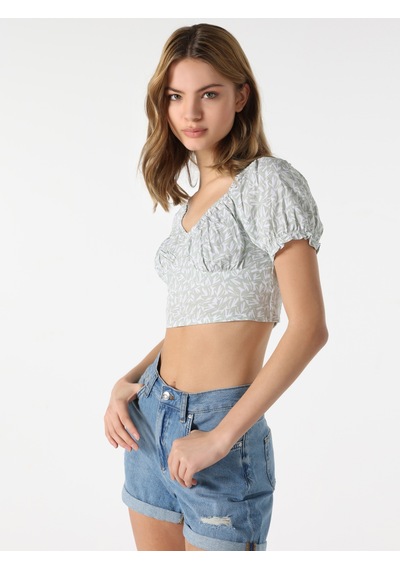 Colin's Colins Slim Fit Büzgülü Crop Yeşil Kadın Kısa Kol Gömlek Cl1063921 Mint Yeşili