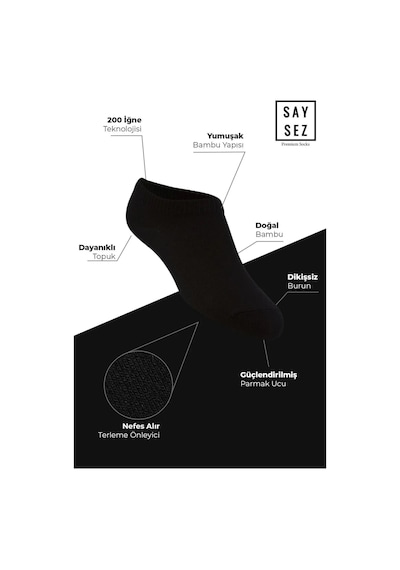 Saysez Bambu Erkek Sneaker Siyah-beyaz-laci-füme Çorap Dikişsiz Görünmez Bilekte Spor Çorap Premium 4'lü Çok Renkli